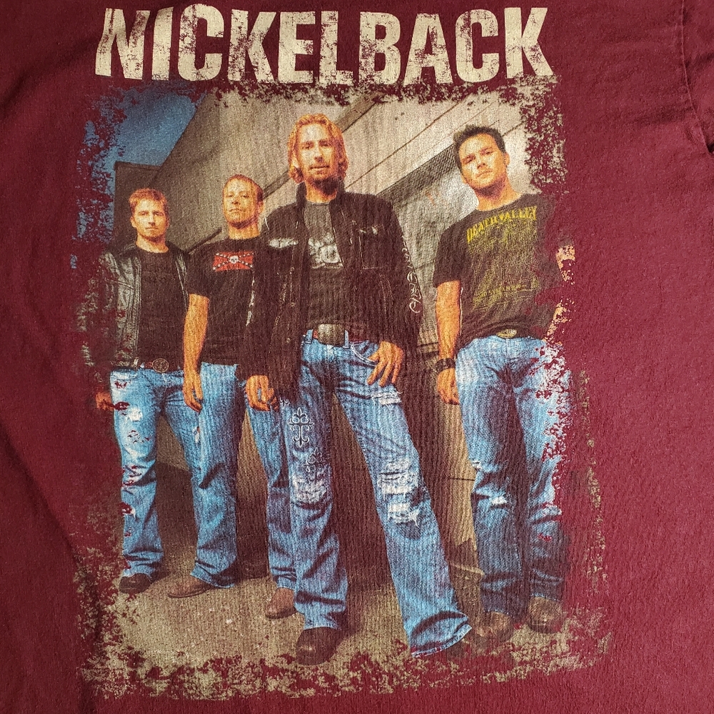 2006 Nickelback Chad 2 Sided Tour Shirt City List. Burgundy sz Med.